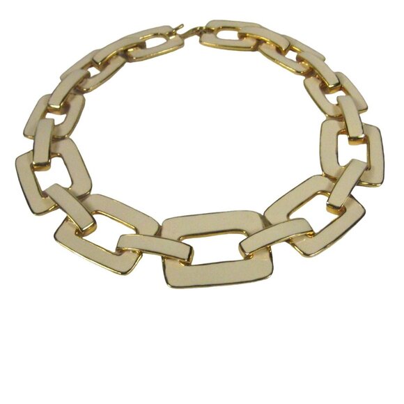 Vintage Chunky Goldtone Cream Enamel Link Chain Necklace 18 inch Collar Statemen - Picture 9 of 9